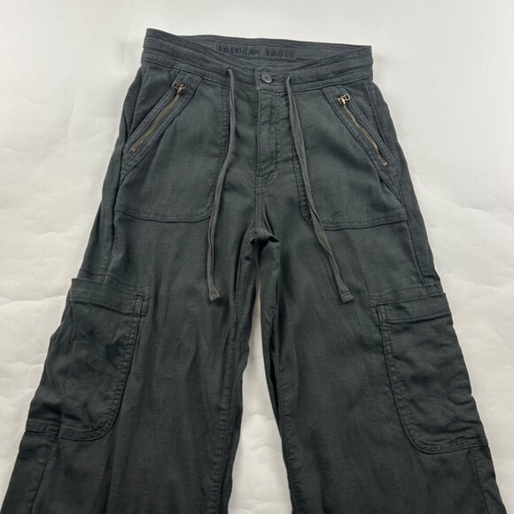 American Eagle Charcoal Linen Blend Relaxed Leg Cargo Pant 0R - Picture 2 of 7